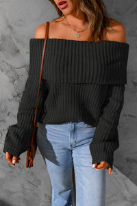 Black Ribbed Knit Foldover Off Shoulder Sweater