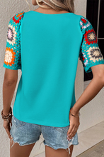 Load image into Gallery viewer, Short Sleeve Top | Turquoise Floral Crochet Blouse
