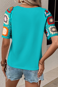 Short Sleeve Top | Turquoise Floral Crochet Blouse