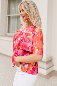 Fiery Red Floral Print Wide Sleeve Blouse | Tops/Blouses & Shirts