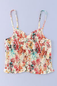 Tank Top | Apricot Floral Print Smocked Ruched