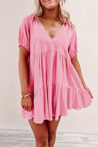 Strawberry Pink Puff Sleeve V Neck Tiered Swing Dress | Dresses/Mini Dresses