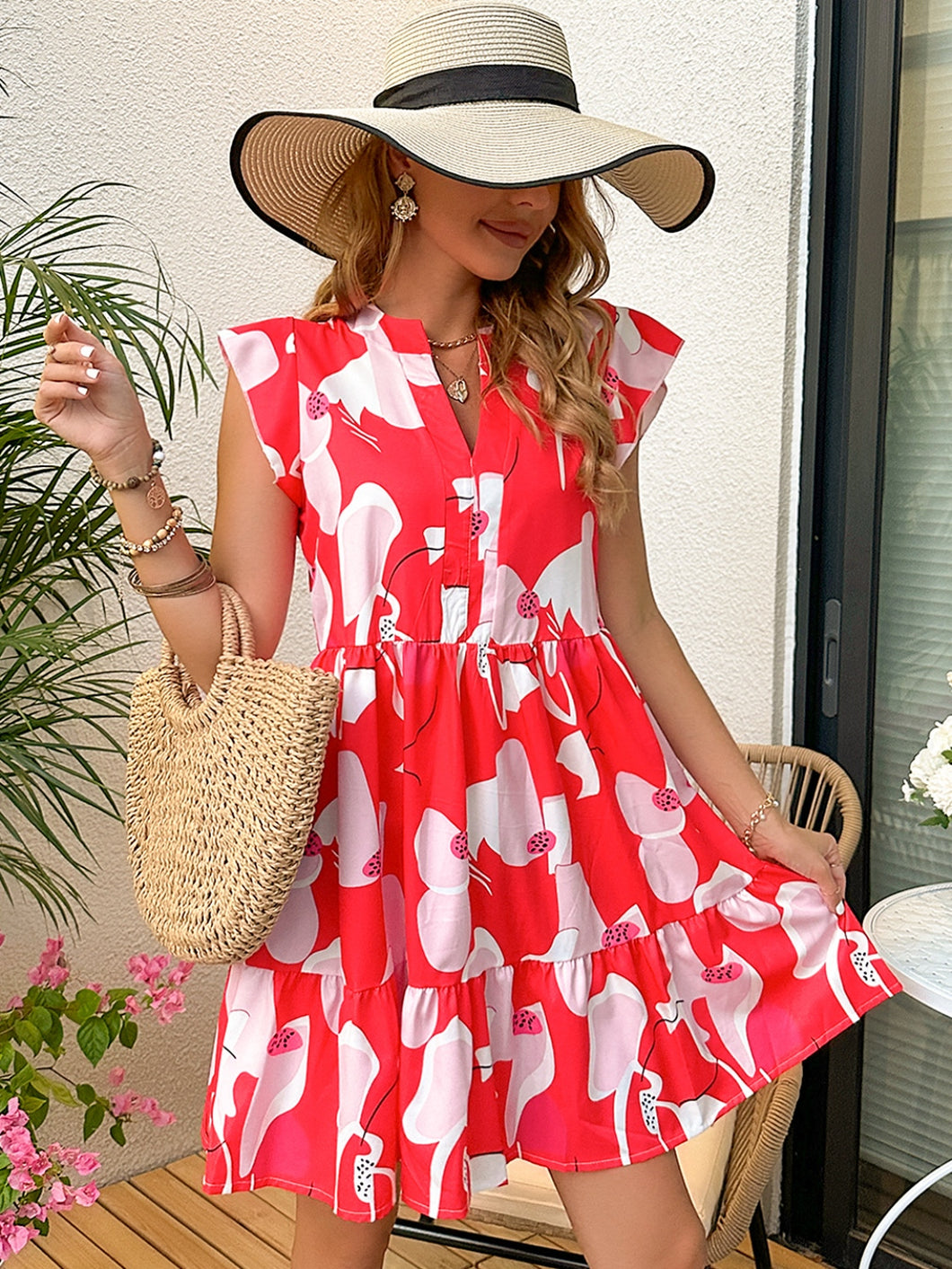 Womens Dress | Printed Notched Cap Sleeve Dress | Dress