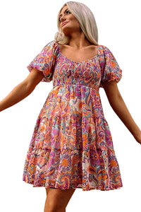 Multicolor Boho Print Smocked Ruffled Puff Sleeve Mini Dress | Dresses/Mini Dresses