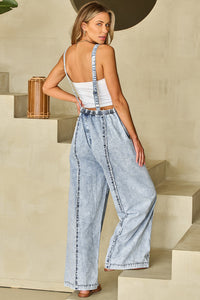 Beau Blue Light Wash Frayed Exposed Seam Wide Leg Denim Overall | Bottoms/Jumpsuits & Rompers