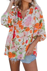 Orange Blooming Flowers Frill Trim Puff Sleeve Blouse | Tops/Blouses & Shirts