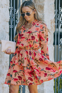 Fiery Red Frilled Collar Long Sleeve Floral Dress with Ruffle | Dresses/Floral Dresses