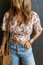 Load image into Gallery viewer, Pink Floral Print V Neck Wrapped Cropped Blouse | Tops/Blouses &amp; Shirts
