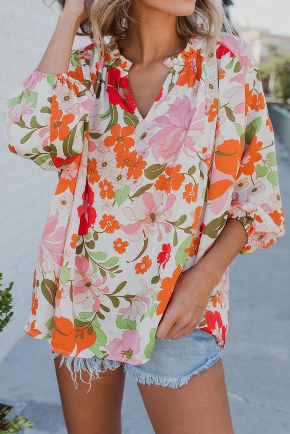 Orange Blooming Flowers Frill Trim Puff Sleeve Blouse | Tops/Blouses & Shirts