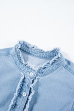 Load image into Gallery viewer, Beau Blue Button Front Ruffled Flutter Frayed Denim Top | Tops/Tops &amp; Tees
