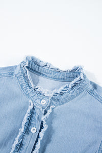 Beau Blue Button Front Ruffled Flutter Frayed Denim Top | Tops/Tops & Tees