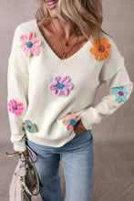 Load image into Gallery viewer, White Crochet Flower V Neck Sweater
