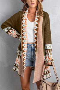 Brown Aztec Print Open Front Knitted Cardigan | Tops/Sweaters & Cardigans