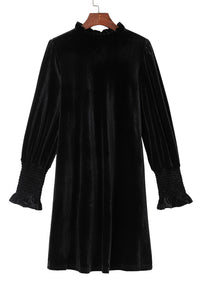 Black Velvet Frill Neck Long Sleeve Shift Dress | Dresses/Mini Dresses