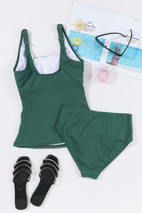 Blackish Green Ruched U Neck Ribbed Tankini | Swimwear/Tankinis