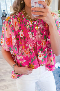 Pink Floral Short Sleeve Smocked Blouse | Tops/Blouses & Shirts