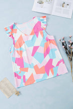 Load image into Gallery viewer, Womens Top | Multicolor Pastel Geometric Print V-Neck Pleated Cap Sleeve Top | Tops/Tops &amp; Tees
