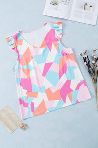 Womens Top | Multicolor Pastel Geometric Print V-Neck Pleated Cap Sleeve Top | Tops/Tops & Tees