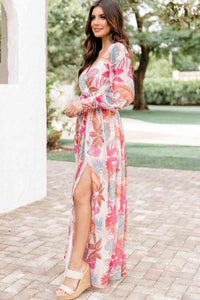 Maxi Dress | Tropical Plant Print Long Sleeve Wrap Dress