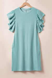 Mini Dress | Blue Textured Ruffled Flutter Sleeve Dress