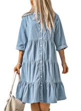 Load image into Gallery viewer, Sky Blue Ruffled Denim Full Buttoned Midi Dress | Dresses/Midi Dresses
