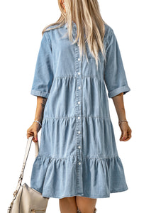 Sky Blue Ruffled Denim Full Buttoned Midi Dress | Dresses/Midi Dresses