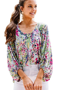 Green Floral Print Puffy Sleeve Loose Blouse | Tops/Blouses & Shirts