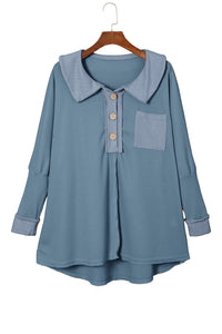 Sky Blue Waffle Knit Buttoned Long Sleeve Top | Tops/Long Sleeve Tops