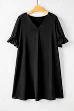 Load image into Gallery viewer, Plus Size Mini Dress | Black Solid Ruffled Puff Sleeve V Neck
