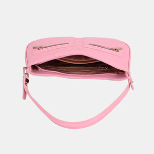 Pink PU Leather Double Zip Design Shoulder Bag