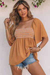 Brown Square Neck Wide Sleeves Flowy Top | Tops/Blouses & Shirts