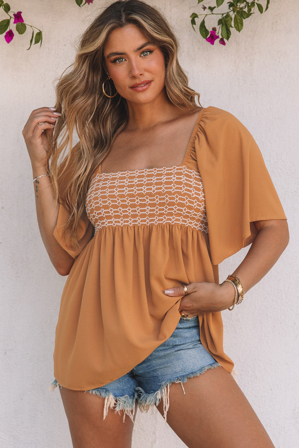 Brown Square Neck Wide Sleeves Flowy Top | Tops/Blouses & Shirts