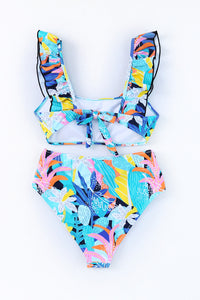 Green Tropical Print Ruffled Square Neck Tie High Waist Swimsuit | Swimwear/High Waisted Swimsuit