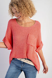 Fresh Salmon Rolled Cuffs Loose Knit Tee with Slits | Tops/Short Sleeve Sweaters
