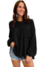 Load image into Gallery viewer, Black Exposed Seam Patchwork Bubble Sleeve Waffle Knit Top | Tops/Long Sleeve Tops
