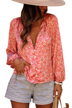 Load image into Gallery viewer, Pink Bubble Sleeve Floral Shirt with Lace up | Tops/Blouses &amp; Shirts
