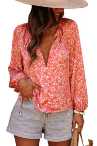 Pink Bubble Sleeve Floral Shirt with Lace up | Tops/Blouses & Shirts