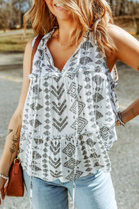 White Tribal Geometric Print Tiered Frilled V Neck Tank Top | Tops/Tank Tops