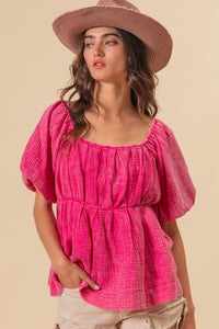 Puff Sleeve Top | Pleated Pink Blouse