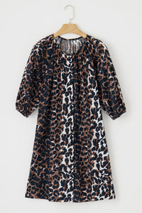 Black Leopard Puff Sleeve Buttons Front Shirt Dress | Dresses/Mini Dresses