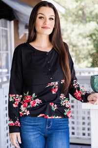 Black Plus Size Floral Printed Splicing Half Button Top | Plus Size/Plus Size Tops/Plus Size Long Sleeve Tops