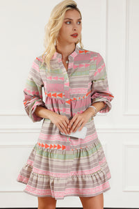 Multicolour Boho Print Puff Sleeve Buttoned Babydoll Dress | Dresses/Mini Dresses