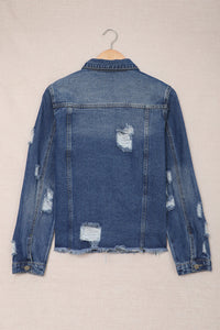 Blue Lapel Distressed Raw Hem Buttons Denim Jacket | Outerwear/Denim jackets