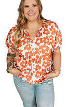 Load image into Gallery viewer, Orange Plus Size Floral Print Drawstring V Neck Short Sleeve Blouse | Plus Size/Plus Size Tops/Plus Size Blouses &amp; Shirts
