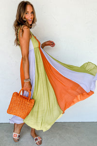 Maxi Dress | Green Color Block High Waist Fit and Flare Dress