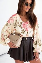 Load image into Gallery viewer, Beige Floral Print Lantern Sleeve V-Neck Blouse | Tops/Blouses &amp; Shirts
