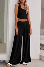 Load image into Gallery viewer, Black Textured Sleeveless Crop Top and Wide Leg Pants Outfit | Two Piece Sets/Pant Sets
