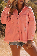 Load image into Gallery viewer, Orange Distressed Fringe Trim Denim Jacket | Outerwear/Denim jackets
