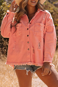 Orange Distressed Fringe Trim Denim Jacket | Outerwear/Denim jackets