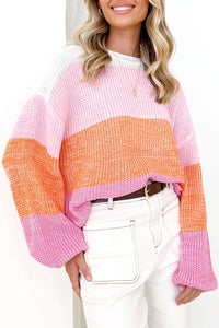 Pullover Sweater | Pink Colorblock Drop Shoulder